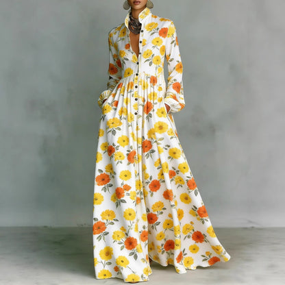 Boho Floral Maxi Dress Long Sleeve Button Down Pleated