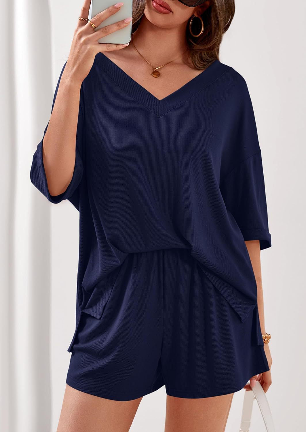Ribbed V Neck Lounge Set Oversized Top Shorts Set