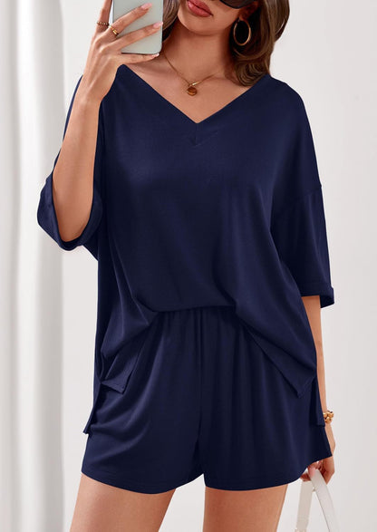 Ribbed V Neck Lounge Set Oversized Top Shorts Set