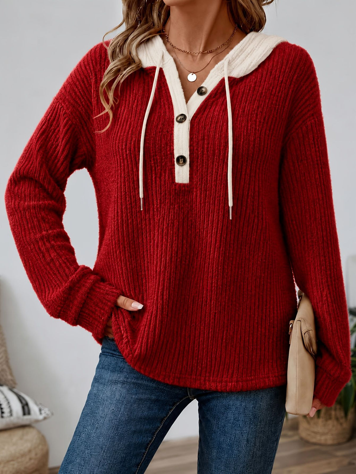Women's Henley Hoodie V Neck Button Drawstring Top