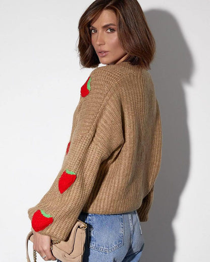 Oversized Chunky Knit Strawberry Cardigan Sweater