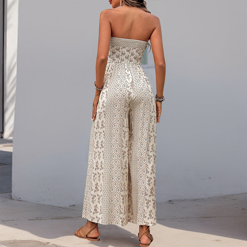 Boho Strapless Printed Wide Leg Jumpsuit Resort Romper
