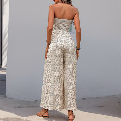 Boho Strapless Printed Wide Leg Jumpsuit Resort Romper