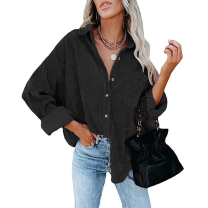 Oversized Corduroy Button-Down Shirt with Chest Pocket
