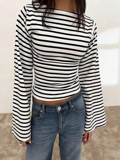 Striped Knit Crop Top Bell Sleeve Y2K Slim Fit