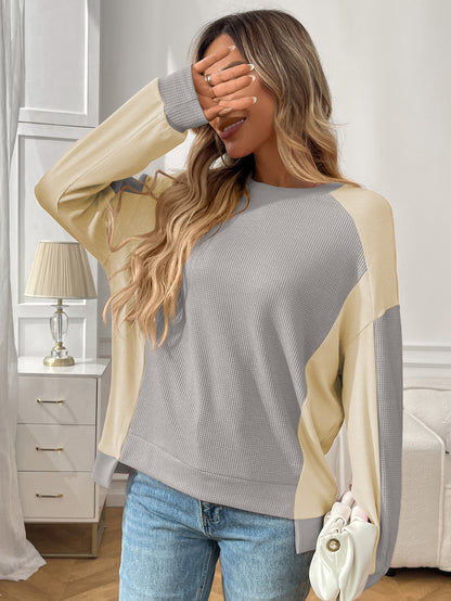 Color Block Waffle Knit Long Sleeve Pullover Top