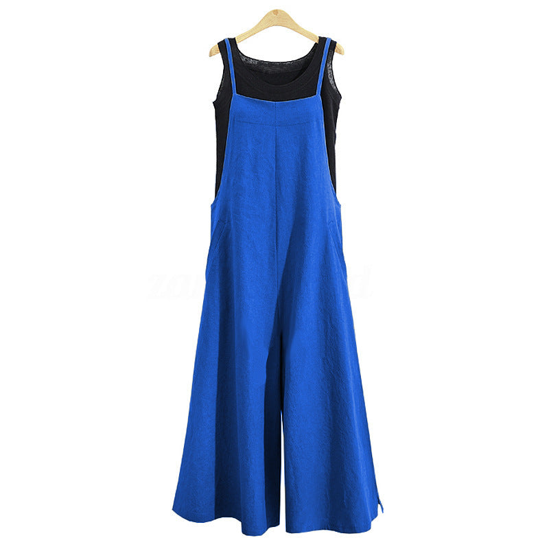 Women's Linen Cotton Wide Leg Jumpsuit Sleeveless Casual