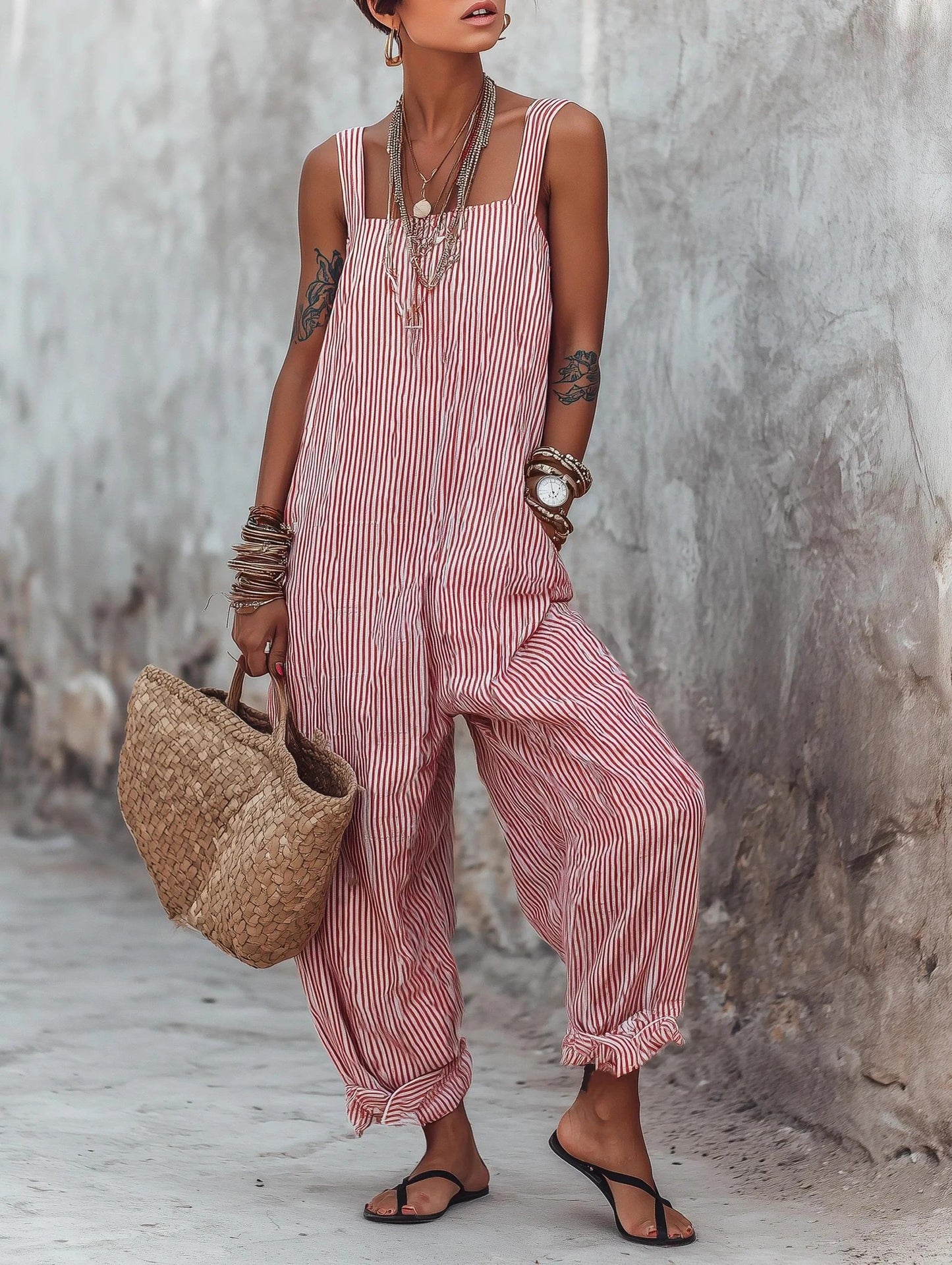 Women Striped Wide Leg Jumpsuit Casual Summer Boho