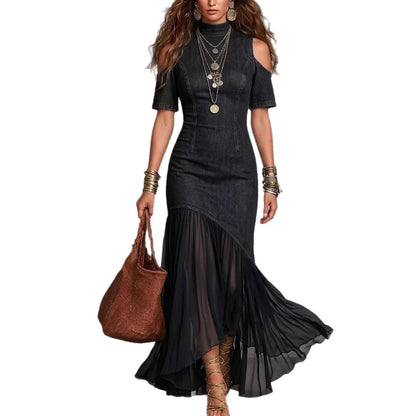 Women's Cold Shoulder Denim Dress Sheer Mesh Maxi