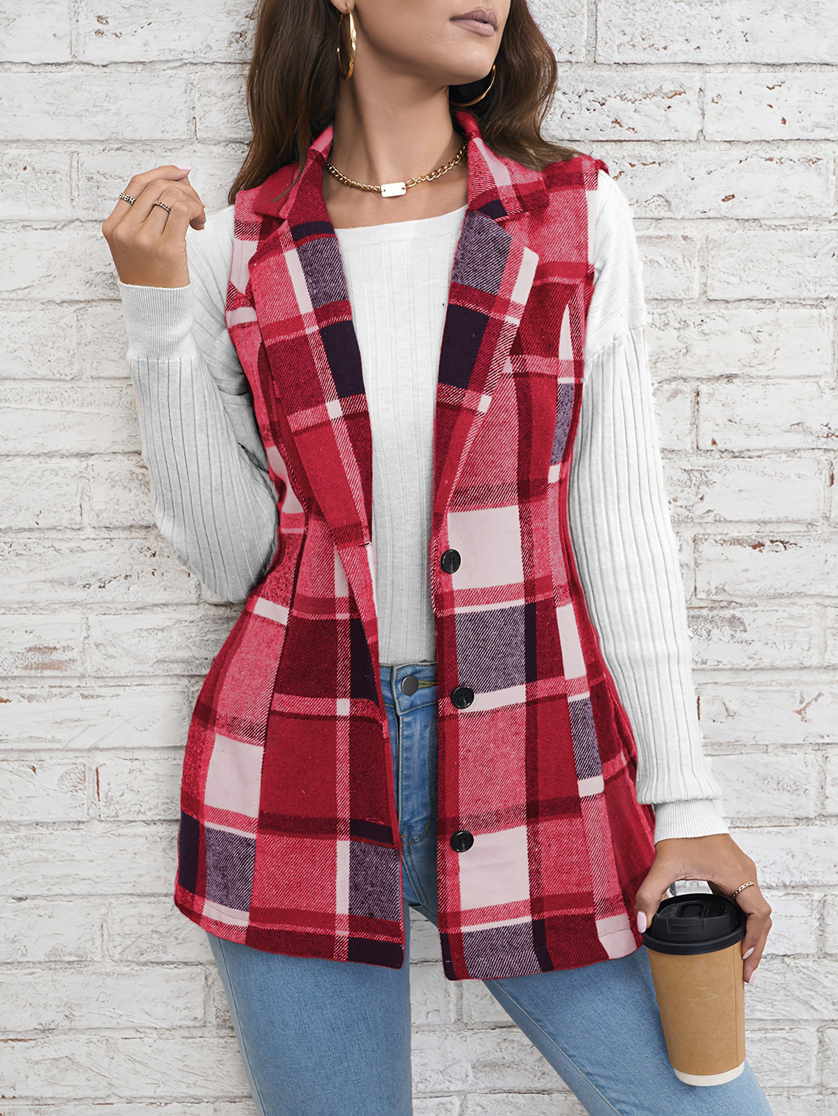 Women's Plaid Lapel Blazer Vest Button Front