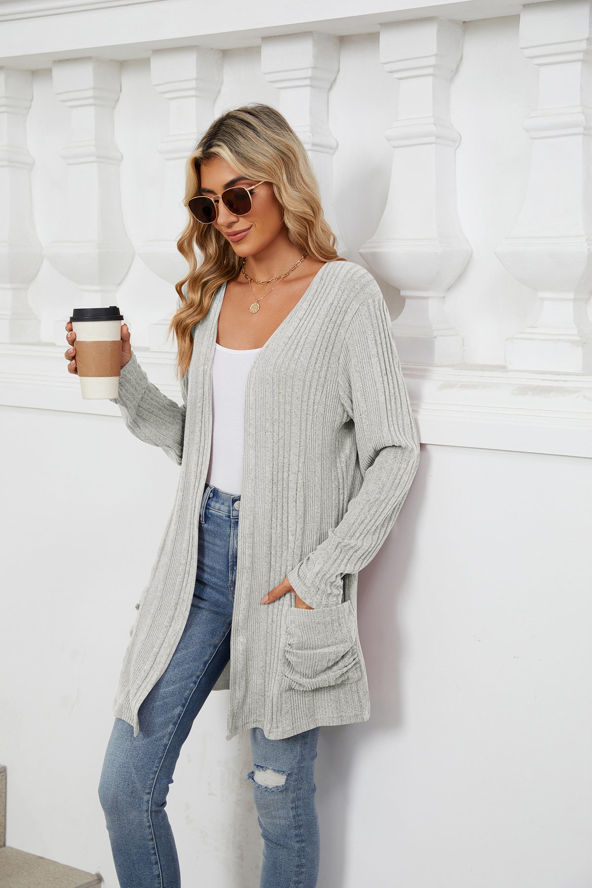 Women's Long Sleeve Ribbed Open Front Cardigan Pockets