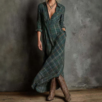 Boho Plaid Maxi Shirt Dress Long Sleeve Button Down