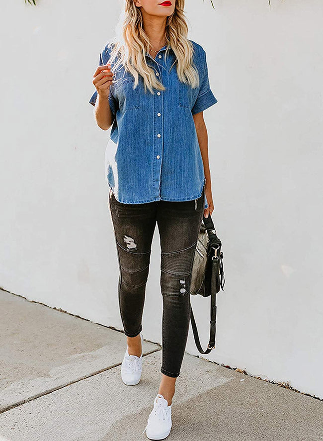 Loose Fit Denim Shirt Women Collared Short Sleeve Top
