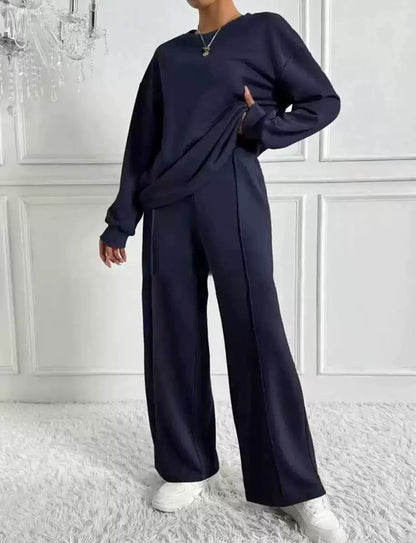 Women's Solid Crewneck Sweatshirt Wide Leg Pants Lounge Set