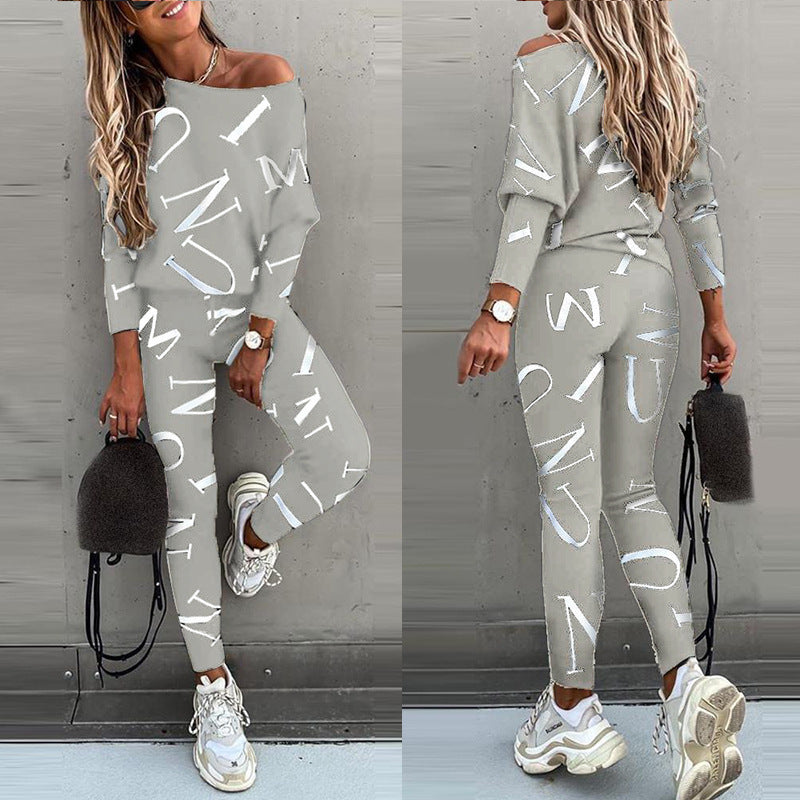 Women Off Shoulder Letter Print Lounge Set Two Piece