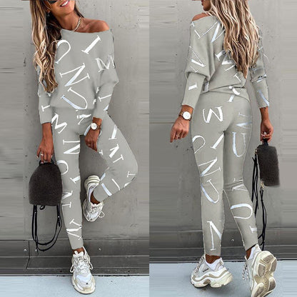 Women Off Shoulder Letter Print Lounge Set Two Piece