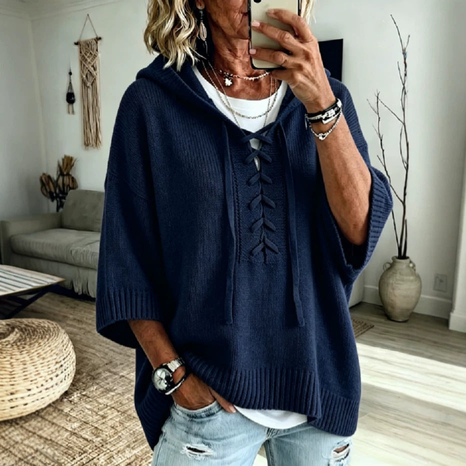 Womens Oversized Hooded Sweater Lace-Up 3/4 Sleeve Pullover