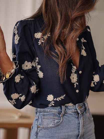 Women's Floral Embroidered V-Neck Long Sleeve Blouse
