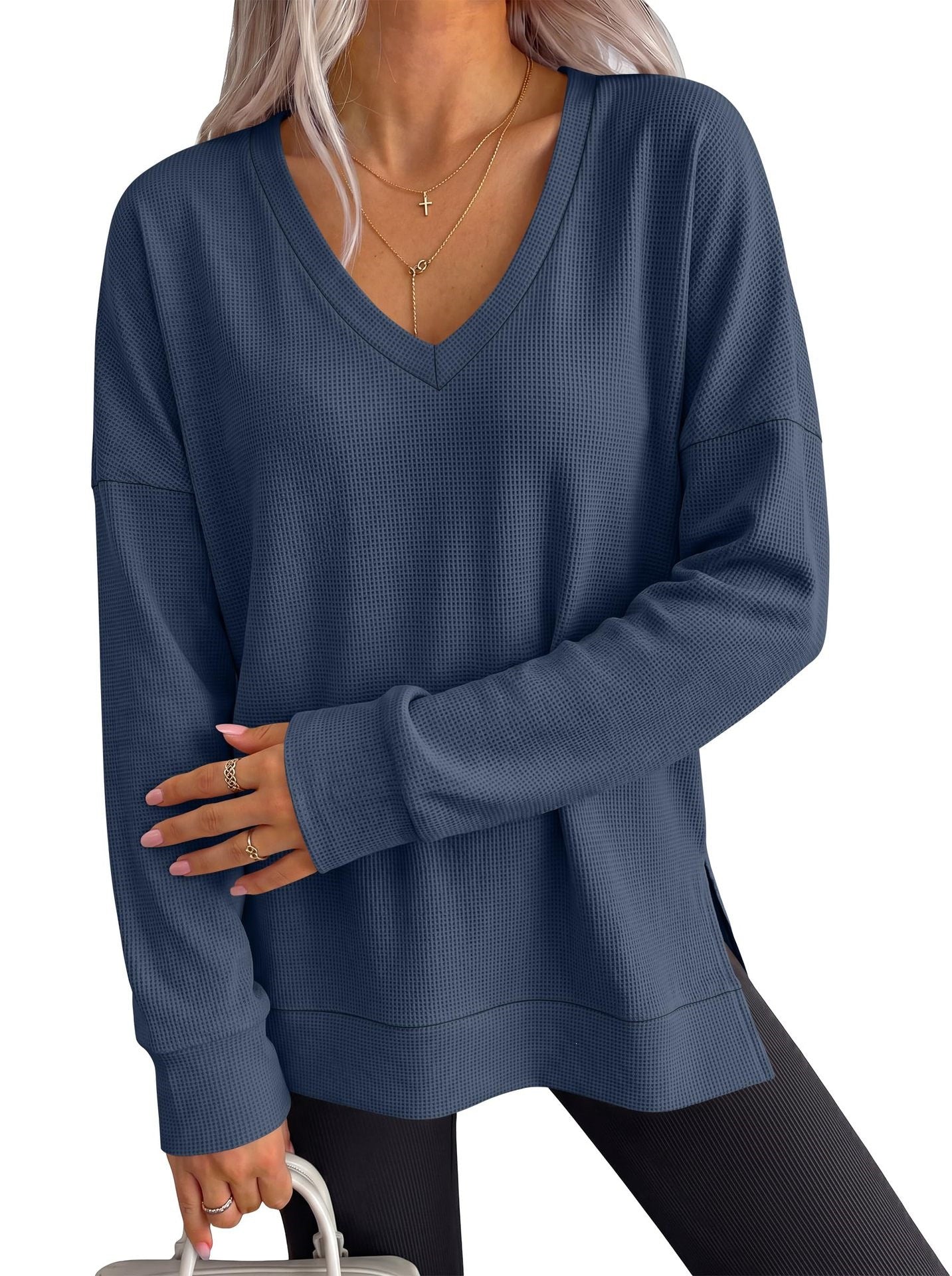 Waffle Knit Top V Neck Side Slit Relaxed Fit