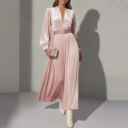 Women's Puff Sleeve V Neck Pleated Belted Maxi Dress