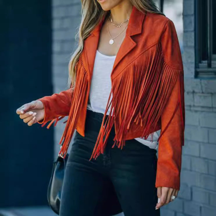 Women's Faux Suede Fringe Jacket Long Sleeve Lapel
