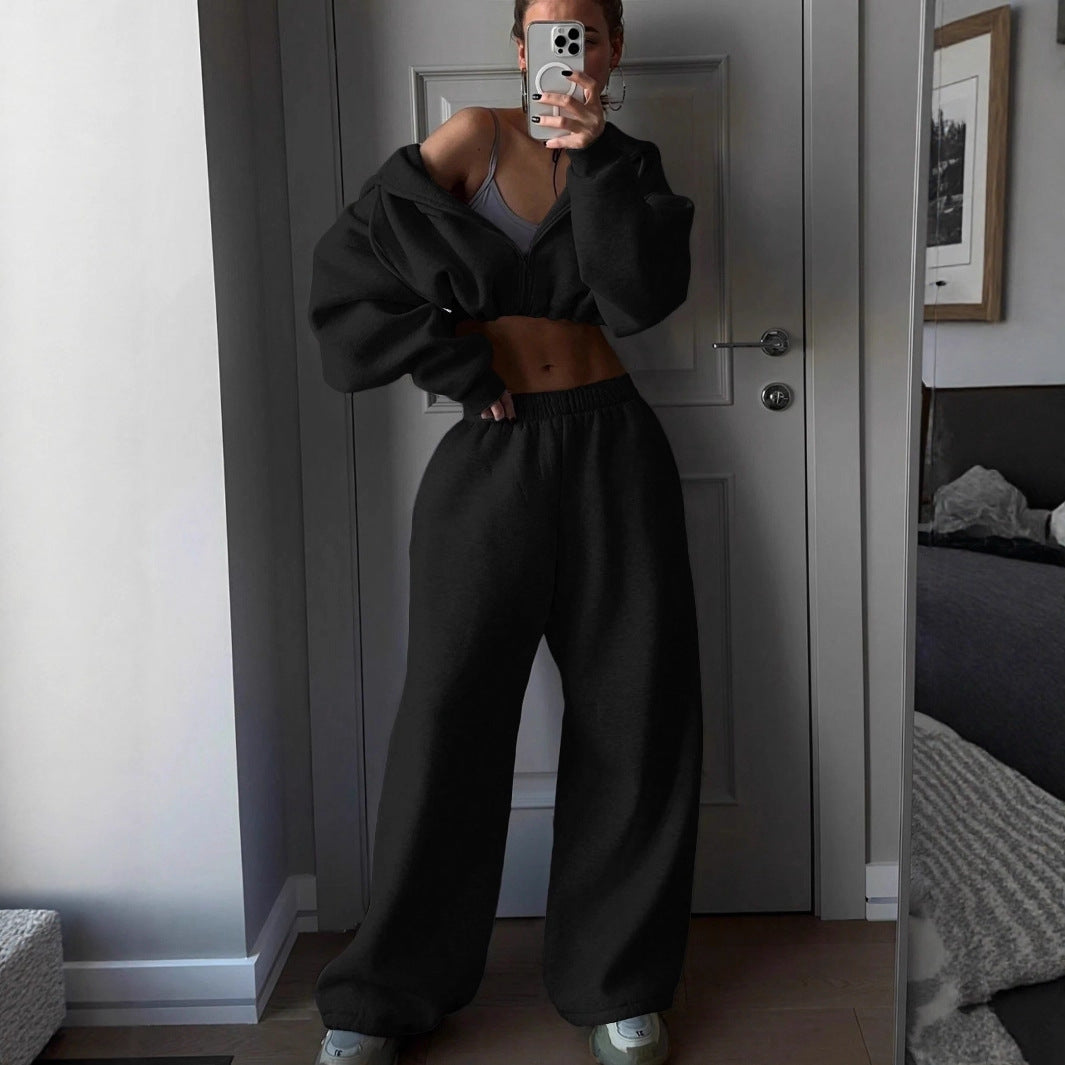 Women's 2 Piece Crop Zip Hoodie Sweatpants Set