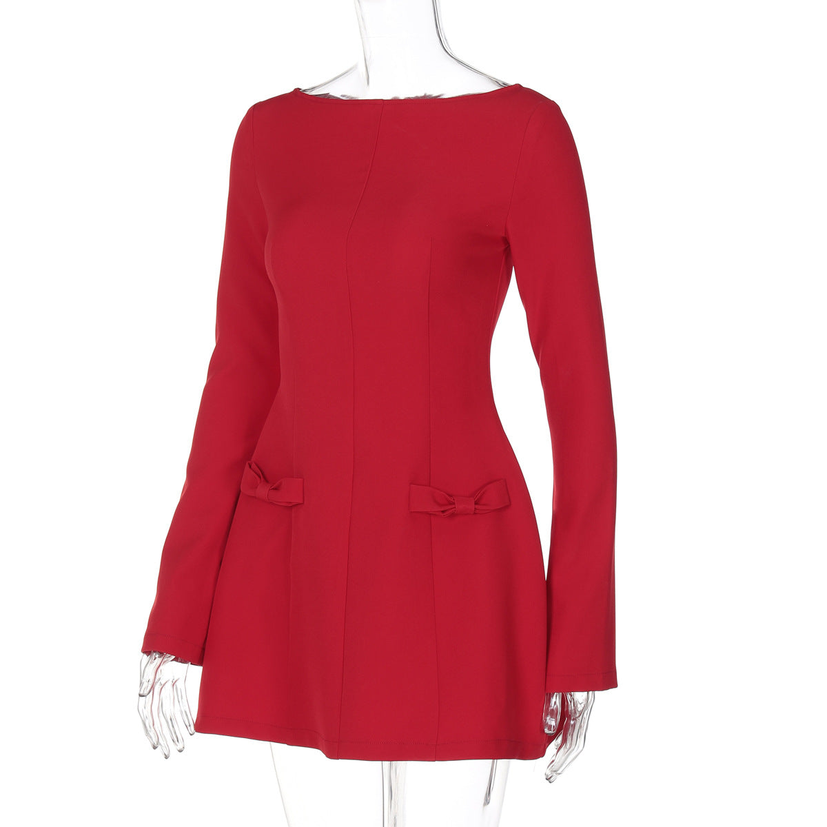 Red Off Shoulder Long Sleeve Mini Dress with Bow Detail