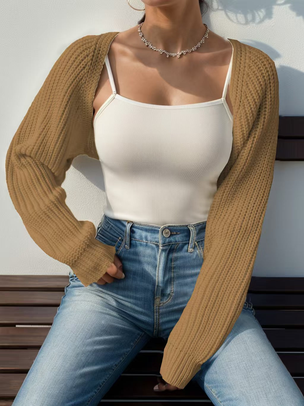 Women's Cropped Ribbed Knit Open Front Shrug Cardigan