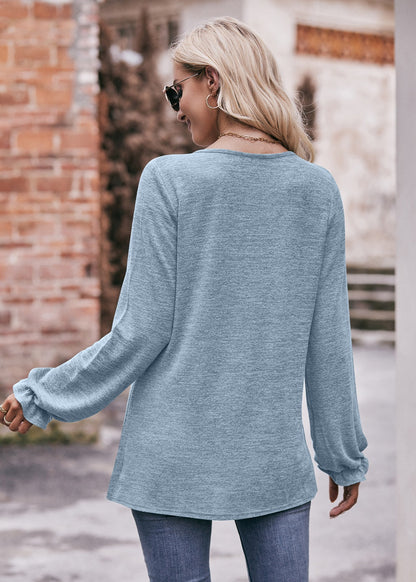 Round Neck Pleated Long Sleeve Brushed Knit Top