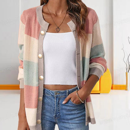Women's Color Block Cardigan Button Front Knit Long Sleeve