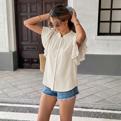 Flutter Sleeve Ruffle Collar Tie Neck Blouse Top