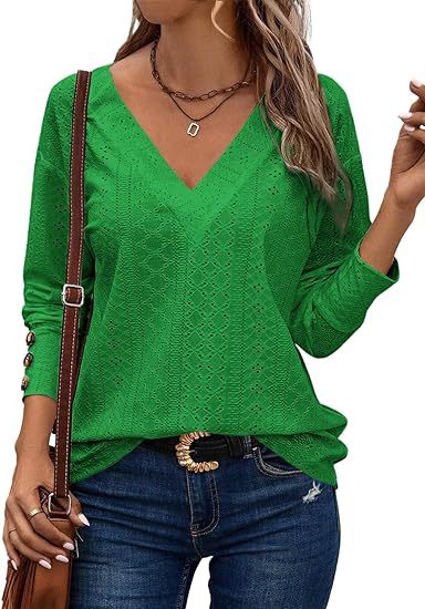 Women's Loose V-Neck Eyelet Long Sleeve Blouse Top