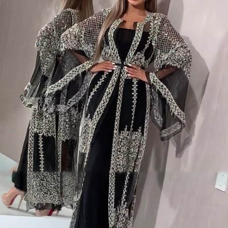 Sequin Evening Gown with Cape Sleeve