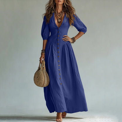 Cotton Button Down Maxi Dress Puff Sleeve V Neck Summer