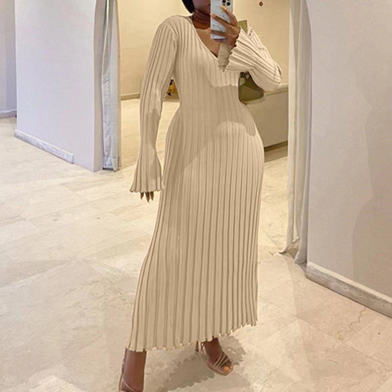 Ribbed V-Neck Tie Waist Maxi Sweater Dress