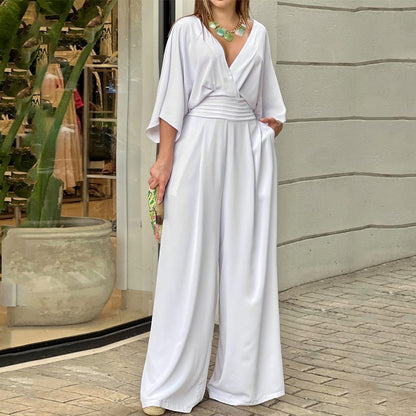 Women's V-Neck High Waist Wide Leg Jumpsuit