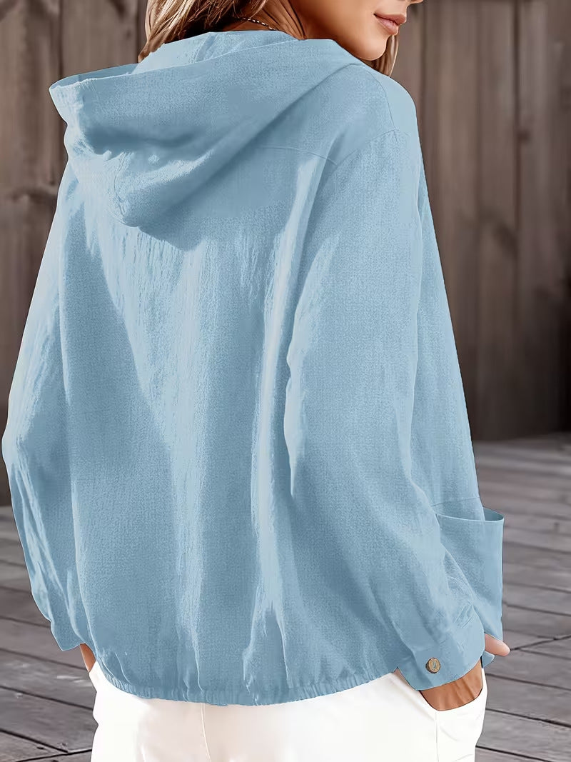 Women's Hooded Jacket Button Front Pockets Drawstring