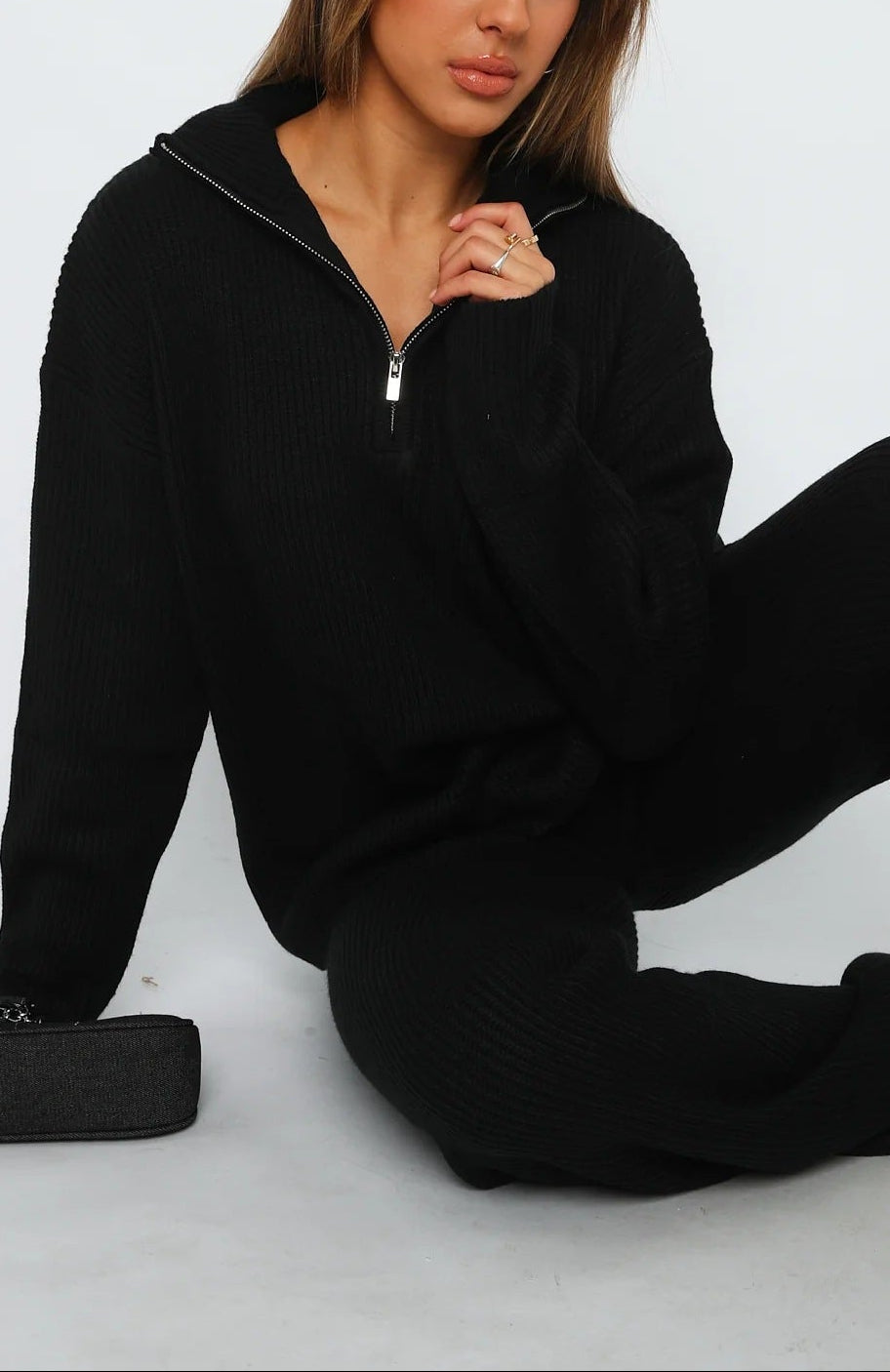 Women's Ribbed Knit Two Piece Set Half Zip Sweater Pants