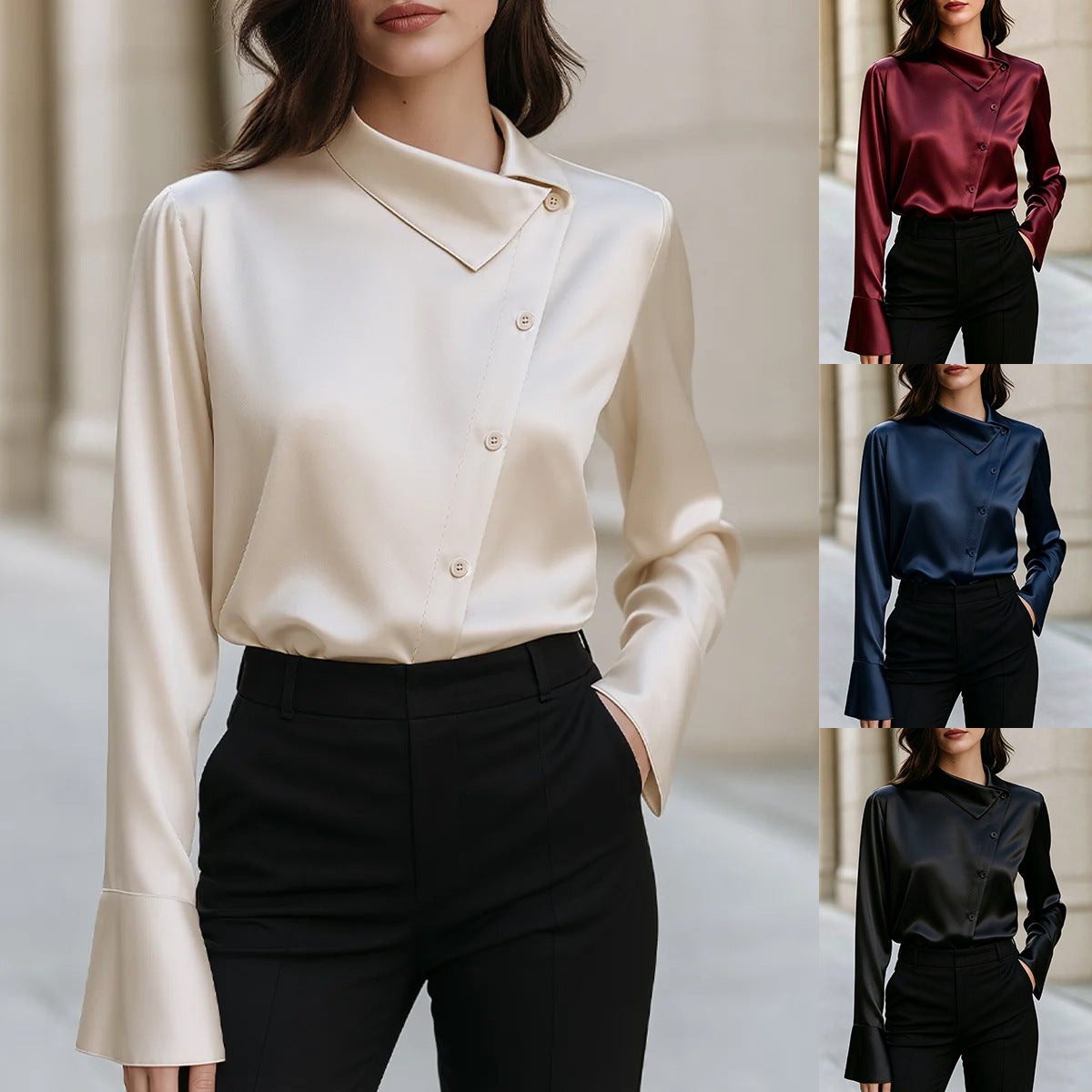 Women's Satin Asymmetric Button Down Blouse Long Sleeve