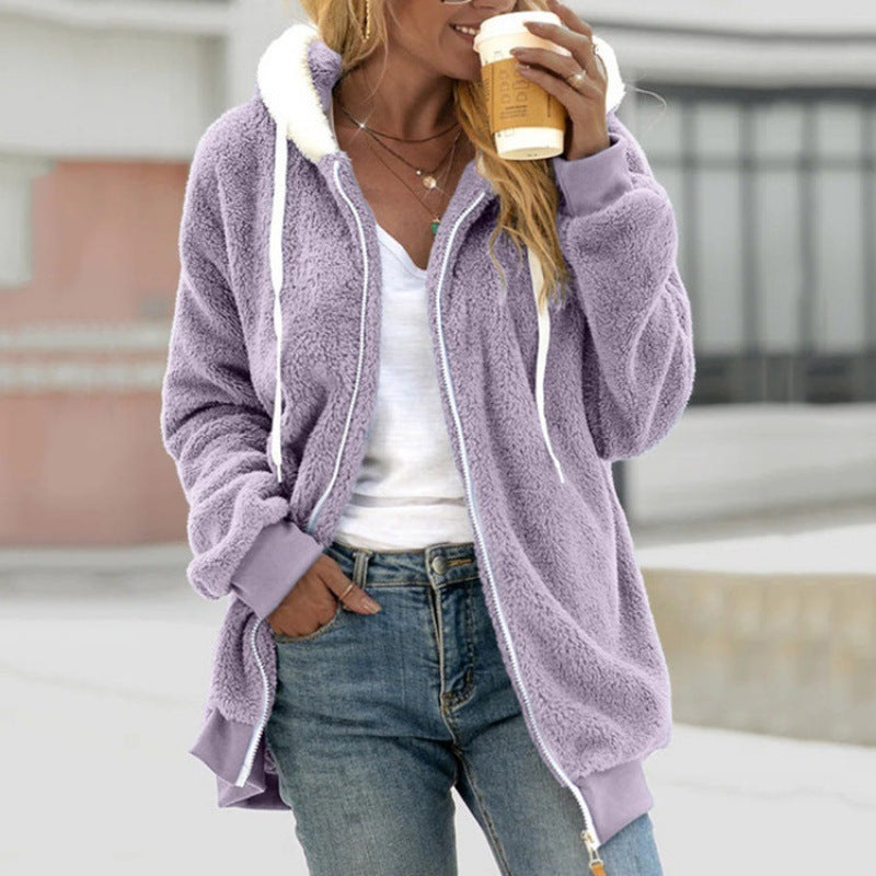 Plush Hooded Zip Jacket Oversized Fleece Outerwear
