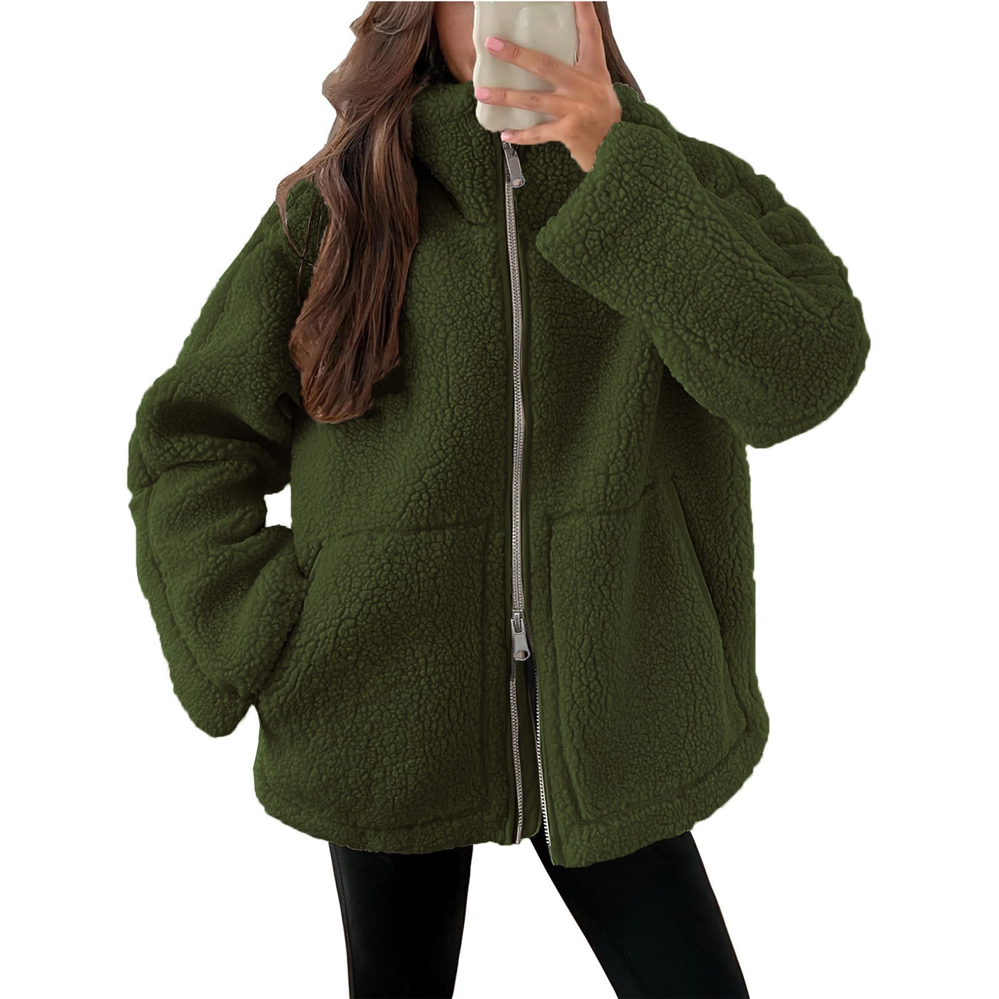 Women's Sherpa Fleece Zip Jacket Oversized Cozy Coat