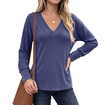 Womens Oversized V Neck Long Sleeve Button Cuff Top