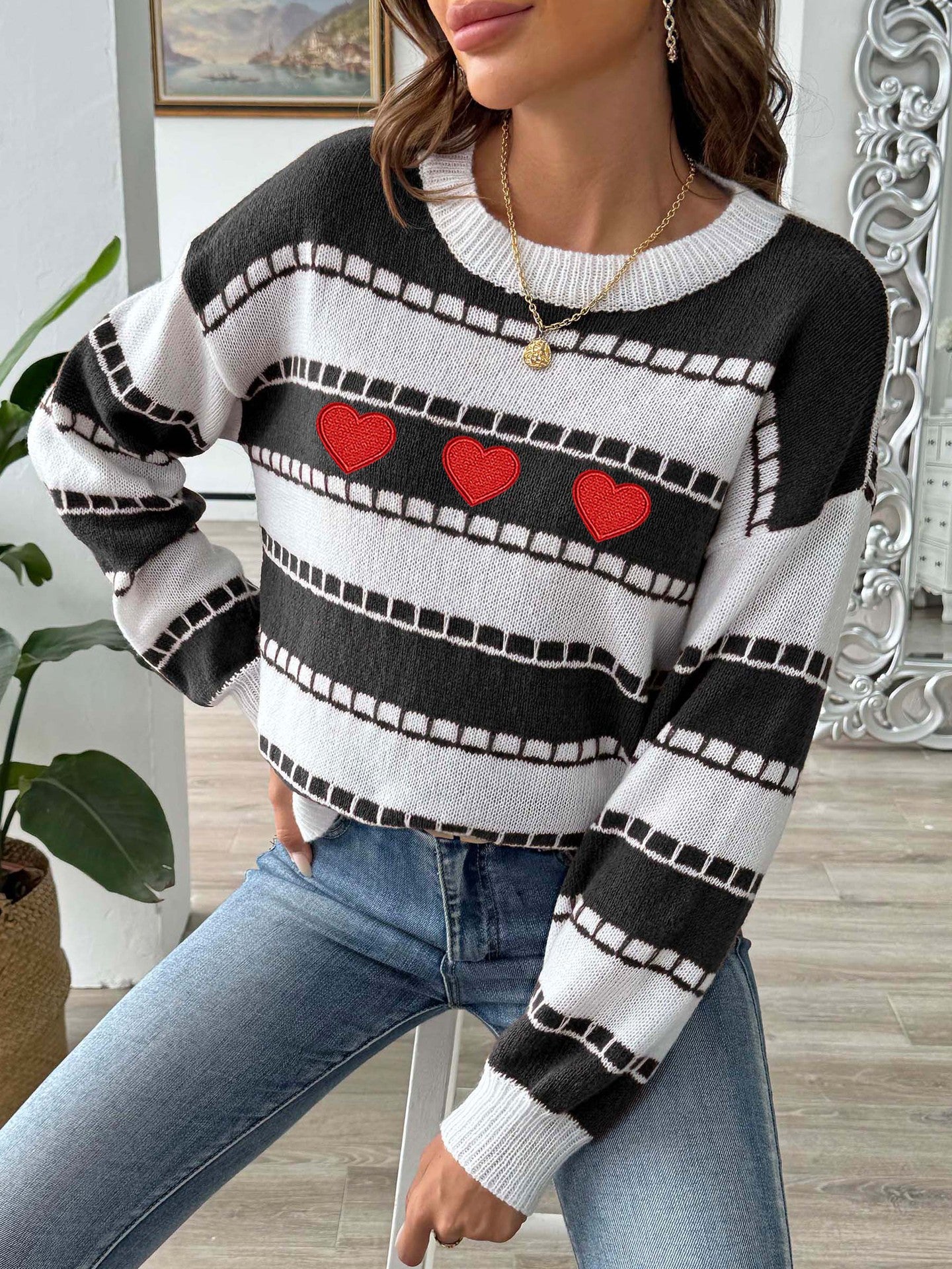 Colorblock Striped Sweater | Embroidered Heart Patch Design