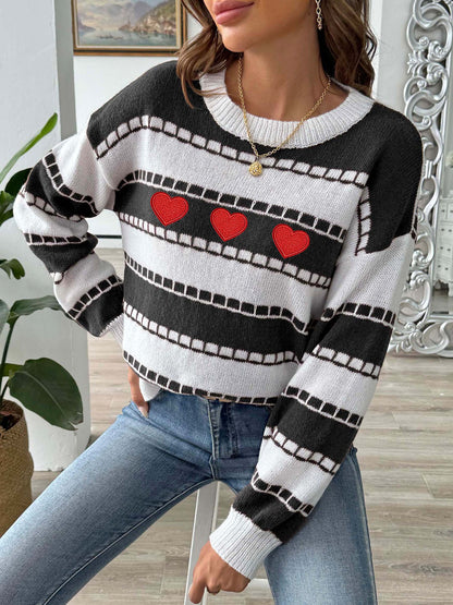 Colorblock Striped Sweater | Embroidered Heart Patch Design