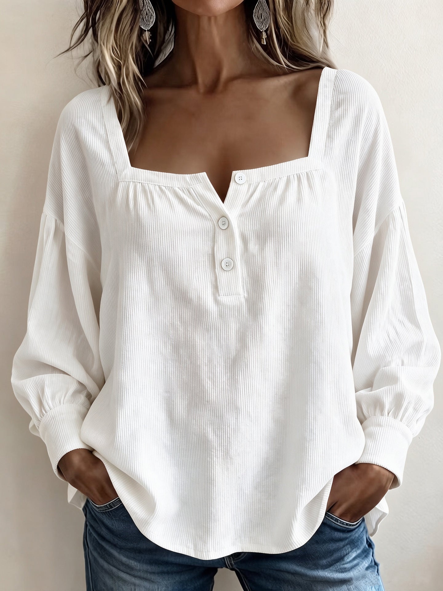 Square Neck Corduroy Top Button Front Long Sleeve Oversized