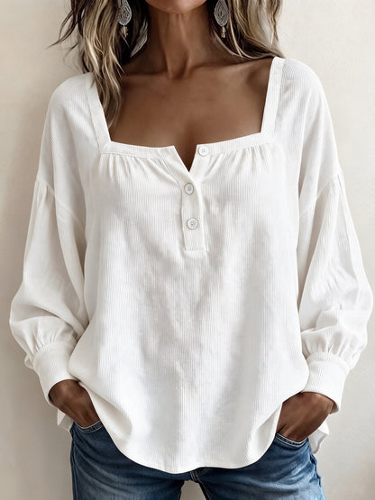 Square Neck Corduroy Top Button Front Long Sleeve Oversized