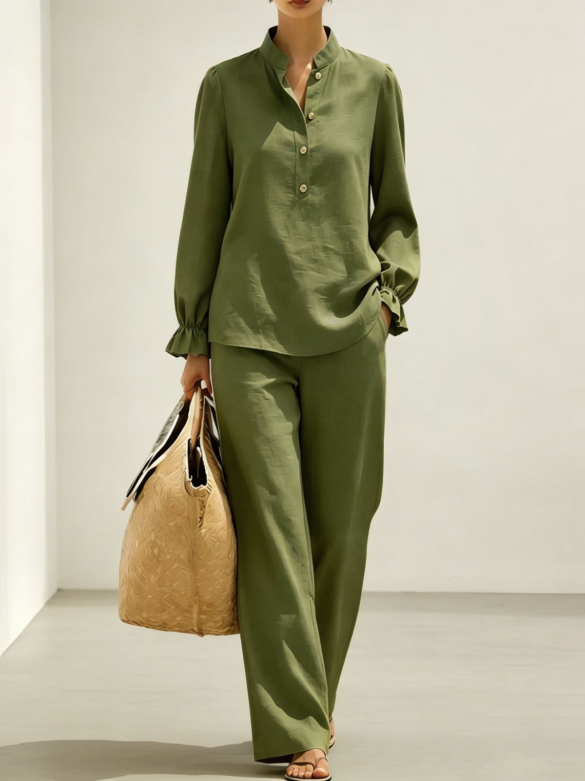 Women's Puff Sleeve Blouse Wide Leg Pants Matching Set