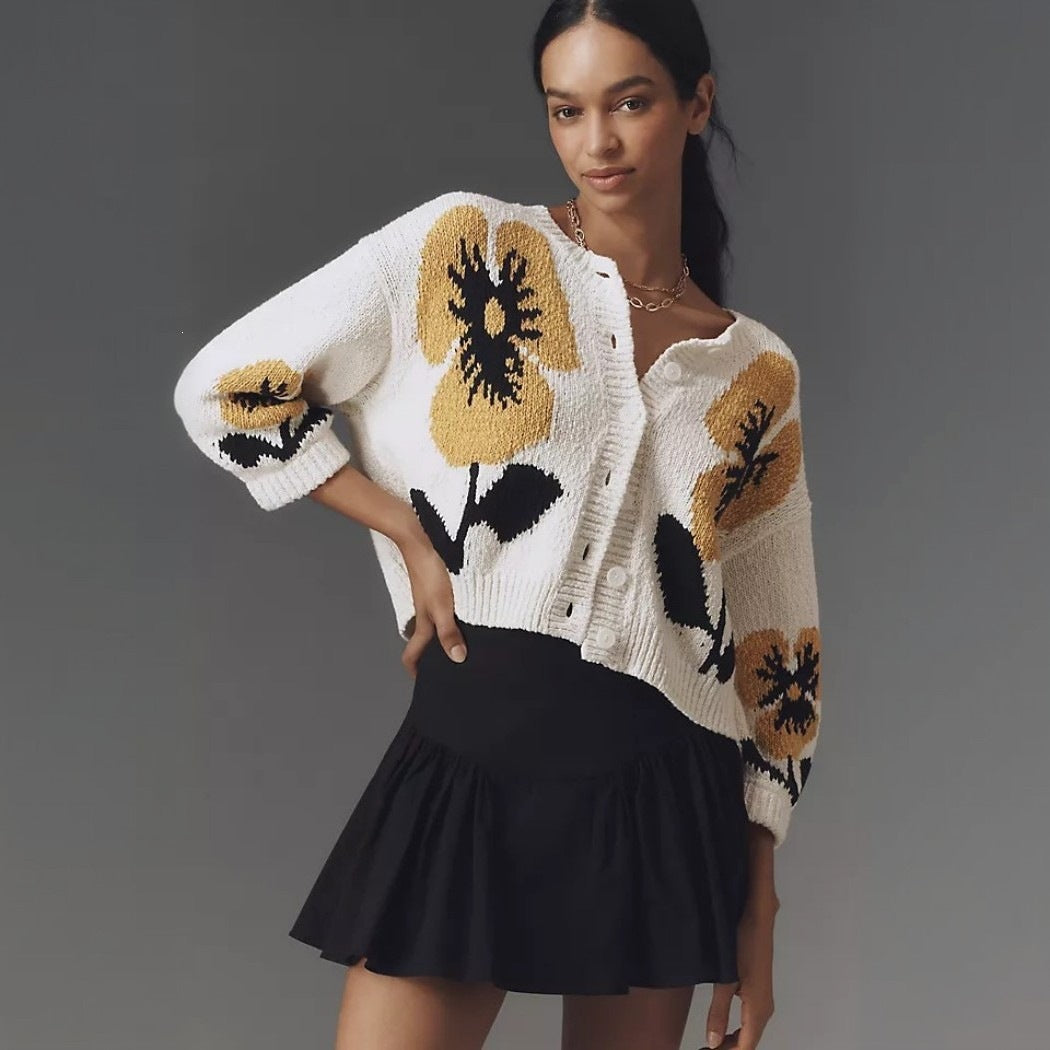 Women's Floral Button Front Knit Cardigan