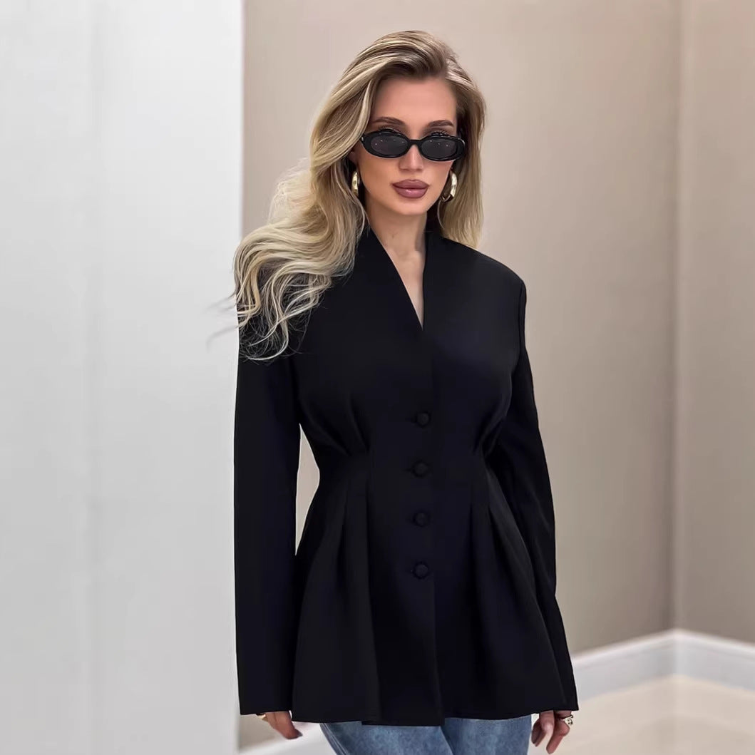 Women's Tailored V-Neck Cinched Waist Blazer Jacket