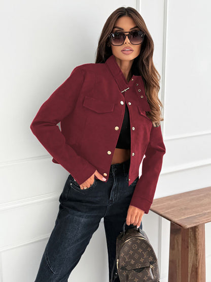 Women's Faux Suede Jacket Button Front Long Sleeve Pockets